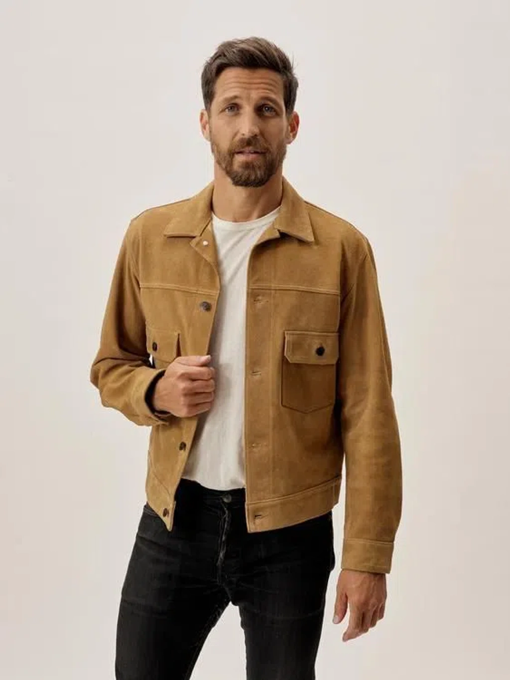 Pre-owned Buck Mason Sand Full Grain Suede Trucker Jacket ModeSens