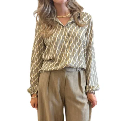 Bucketlist Alexis Geometric Print Long Sleeve Top In Taupe In Green