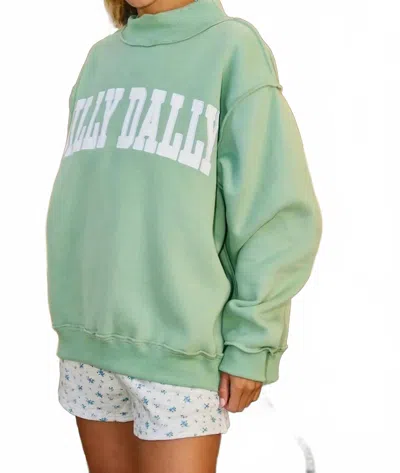 Bucketlist Dilly Dally Mock Neck Embroidered Sweatshirt In Sage In Green