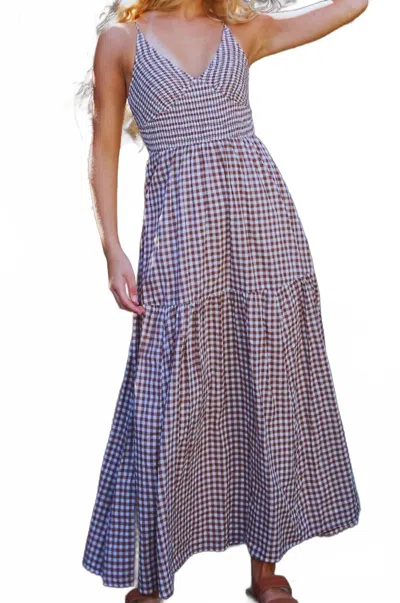 Bucketlist Driftwood Gingham Smocked Bodice Maxi Dress In Brown In Purple