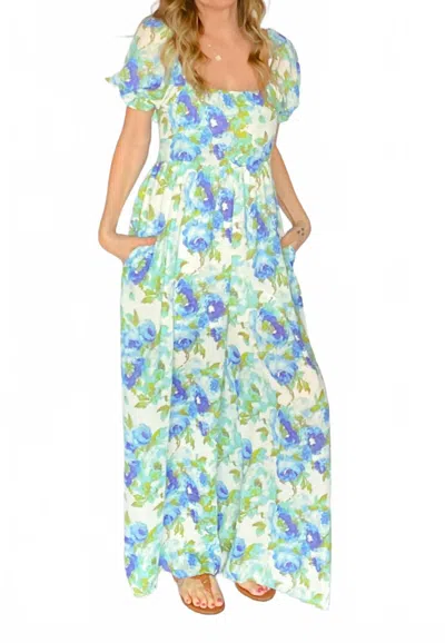 Bucketlist Floral Poof Sleeve Smocked Back Jumpsuit In Blue In Multi