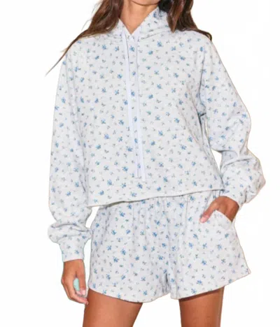 Bucketlist Floral Print Lounge Crop Hoodie In White/blue In Multi