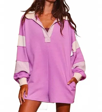 Bucketlist French Terry Colored Loose Fit Romper In Lavender And Cream In Purple