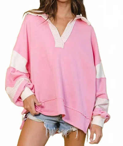 Bucketlist French Terry Knit Color-block Collared Loose Fit Top In Pink