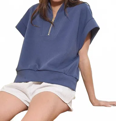 Bucketlist Out Of Sight Scuba Set Short Sleeve Half Zip Sweatshirt Top In Dark Denim In Blue