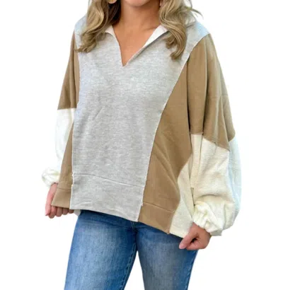 Bucketlist Oversized Contrast Pullover Top In Grey/taupe/white In Multi