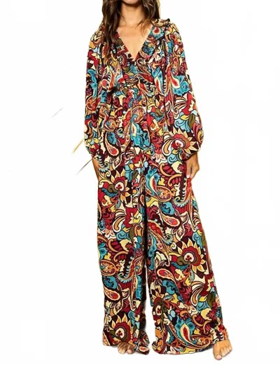 Bucketlist Paisley Smocked Ruffled V-neck Jumpsuit In Multi