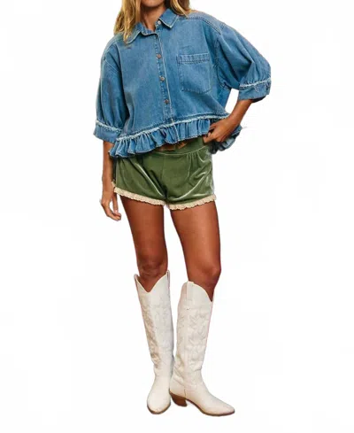 Bucketlist Ruffle Hemline Shirt Top In Denim In Blue