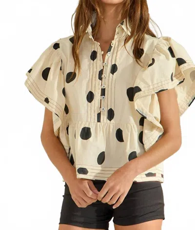 Bucketlist Ruffle Sleeves Pintuck Detail Polka Dot Print Top In Ivory Black In Multi