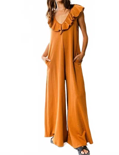 Bucketlist Ruffled Wide Leg Jumpsuit In Camel In Brown