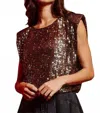 Bucketlist Sequins Spangle Power Shoulders Top In Black Gold In Brown