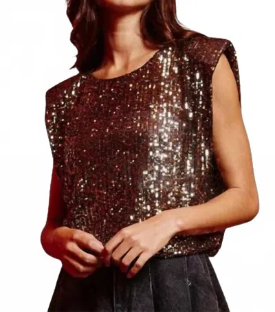 Bucketlist Sequins Spangle Power Shoulders Top In Black Gold In Brown