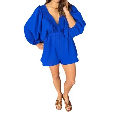 Bucketlist Smocked V Neck Ruffled Solid Woven Romper In Blue