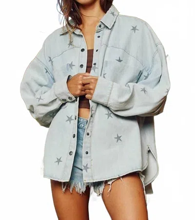Bucketlist Star Print Washed Shirt Jacket Shacket In Light Denim In Blue