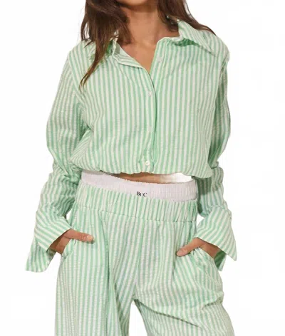 Bucketlist Striped Seersucker Crop Shirt Top In Sage In Green