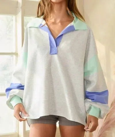 Bucketlist Terry Color Block Top In Ash Grey Mint In White