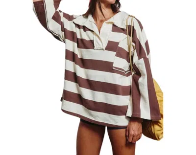 Bucketlist The Sideline Striped Open Collar Top In Brown/cream In Red