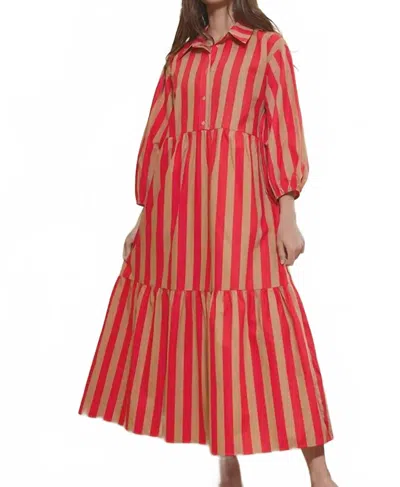 Bucketlist Tiered Stripe Shirt Dress In Tan And Red