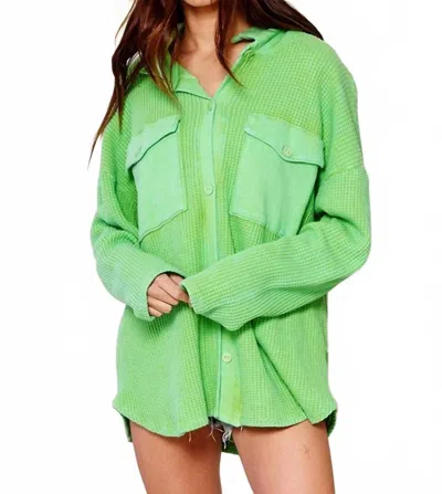 Bucketlist Vintage Wash Waffle Knit Shacket In Green