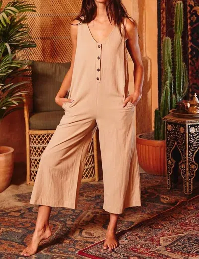 Bucketlist V-neck Button-up Wide Leg Solid Jumpsuit In Taupe In Neutral