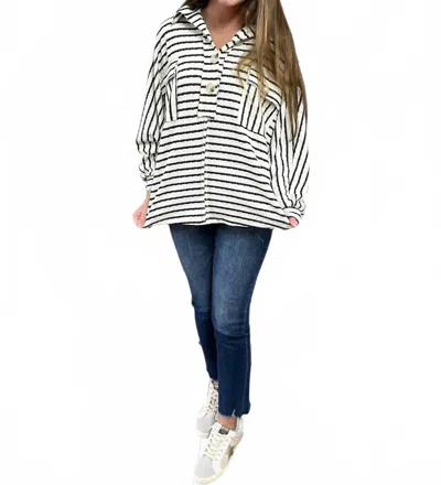 Bucketlist Women's Collared Button Pocket Top In Black Stripe