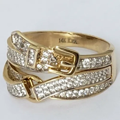 Pre-owned Buckle Wide Real 14k Yellow Gold Belt  Ring Size 56789 1.5 Carat Cz In White