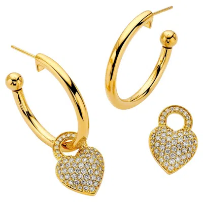 Pre-owned Buddha Mama 20k Yellow Gold Hollow Hoop Earrings With Diamond Heart Charms By