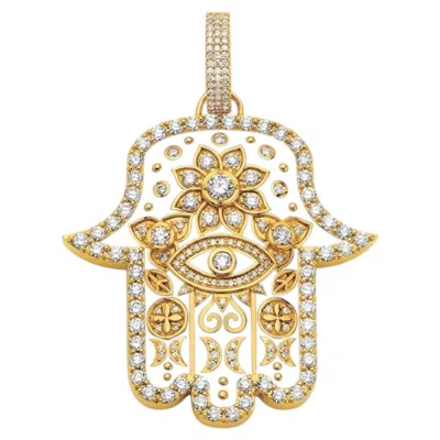 Pre-owned Buddha Mama 20k Yellow Gold, Medium Diamond & White Enamel Hamsa Pendant By