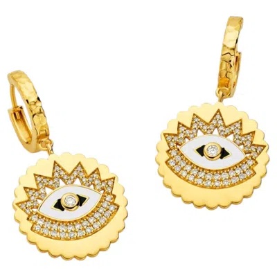 Pre-owned Buddha Mama 20k Yellow Gold Scalloped Evil Eye Diamond Earrings By