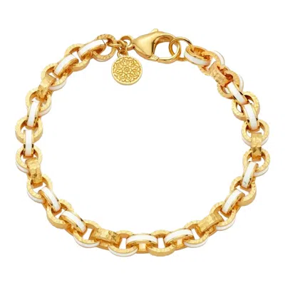 Pre-owned Buddha Mama 20k Yellow Gold White Enamel Hand-hammered Link Bracelet