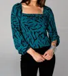Buddylove Bailey Smocked Back Top In Green / Feline In Multi