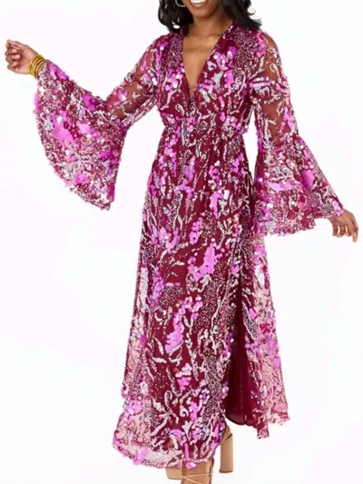 Buddylove Colette Sequin Floral Maxi Dress With Bell Sleeves In Burgandy/pink