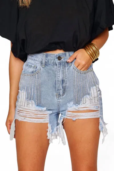 Buddylove Elvis Crystal Fringe Denim Shorts In Light Wash In Blue