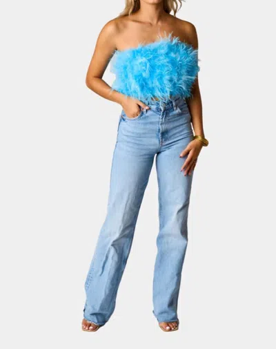 Buddylove Fancy Strapless Feather Crop Top In Azure Feather In Blue