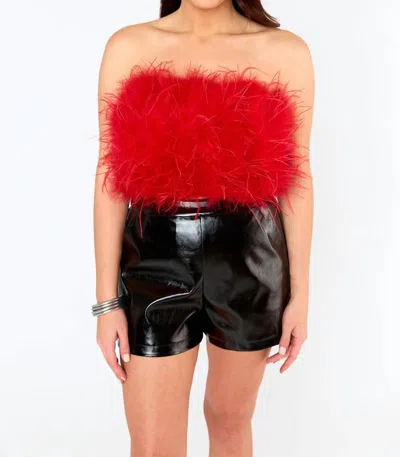 Buddylove Fancy Strapless Feather Crop Top In Crimson In Pink