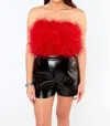 Buddylove Fancy Strapless Feather Crop Top In Crimson In Red