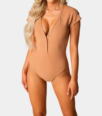 Buddylove Mona Button Detail Short Sleeve One Piece Swimsuit In Sand