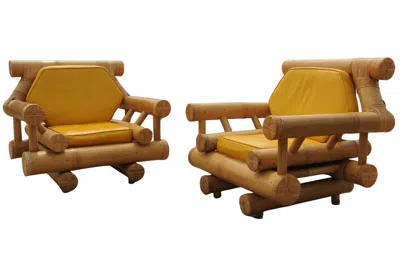 Pre-owned Budji Layug Bamboo Lounge Chairs, Mustard Leather Cushions, 1970s Bloomingdales In Yellow