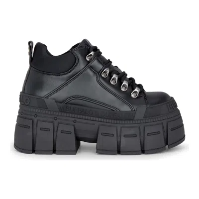 Buffalo Gospher Hike Lo - Women's Black Platform Chunky Ankle Boots