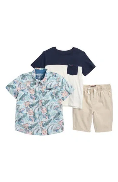 Buffalo Kids Kids' Frond Print Button-up Shirt, T-shirt & Shorts Set In Blue/green/stone