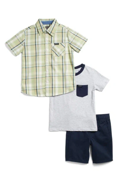 Buffalo Kids Kids' Plaid Button-up Shirt, Pocket T-shirt & Shorts Set In Navy