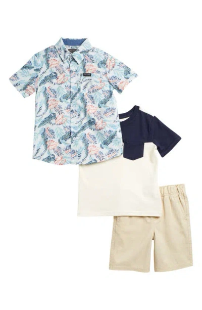 Buffalo Kids' Tropical Button-up Shirt, Pocket T-shirt & Shorts Set In Stone