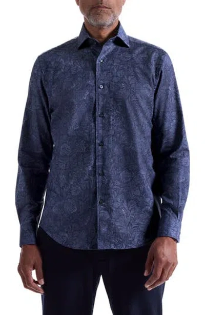 Bugatchi Alvin Shaped Fit Leaf Print Button-up Shirt In Blue
