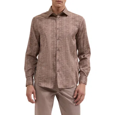 Bugatchi Alvin Shaped Geometric Cotton Blend Shirt In Brown