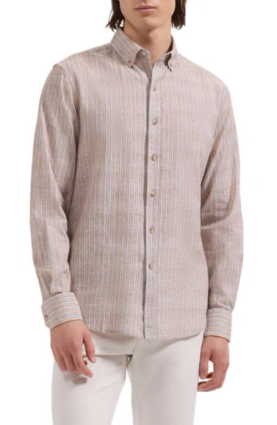 Bugatchi Austin Shaped Fit Stripe Cotton & Linen Button-down Shirt In Gray