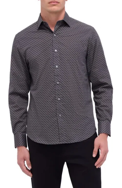 Bugatchi Axel Shaped Fit Basketweave Print Stretch Button-up Shirt In Anthracite