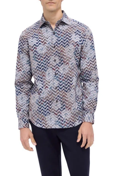 Bugatchi Axel Shaped Fit Floral Chevron Print Stretch Button-up Shirt In Caramel