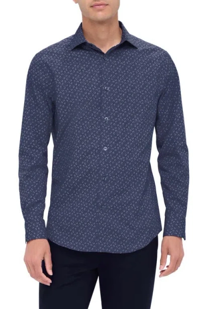 Bugatchi Axel Shaped Fit Trellis Print Stretch Cotton Button-up Shirt In Navy