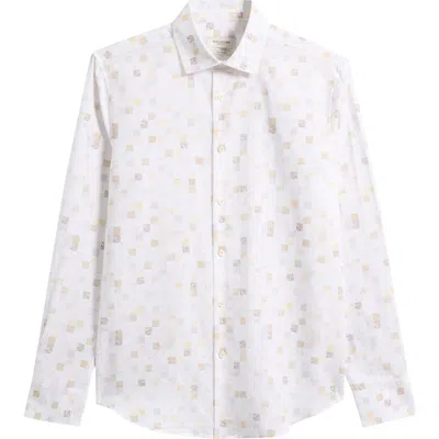 Bugatchi Axel Trim Fit Geometric Print Cotton & Linen Button-up Shirt In White