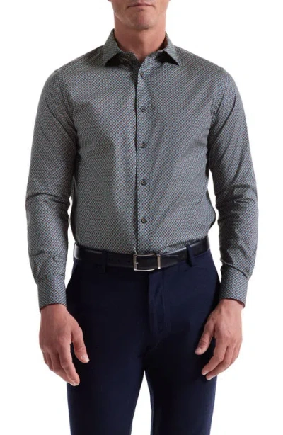 Bugatchi Axel Trim Fit Leaf Print Stretch Cotton Button-up Shirt In Gray